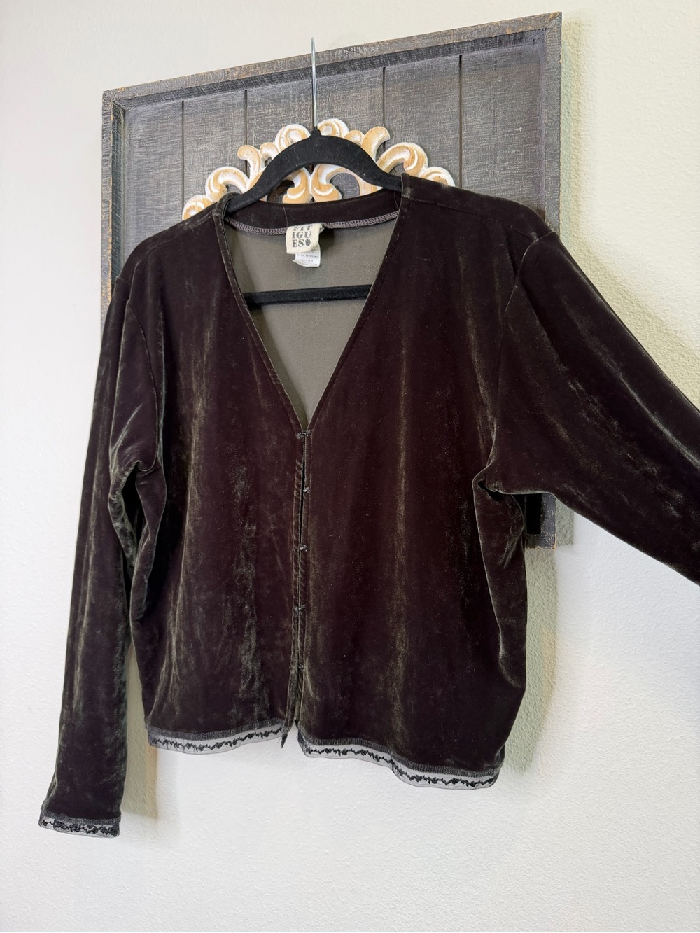 90s Chocolate Brown Velvet Fitigues Cardigan with lace detail Large made in USA